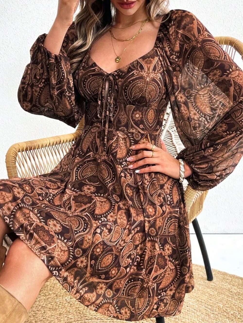 Brown Paisley Western Style Boho Balloon Sleeve Mini Dress sz M NWOT